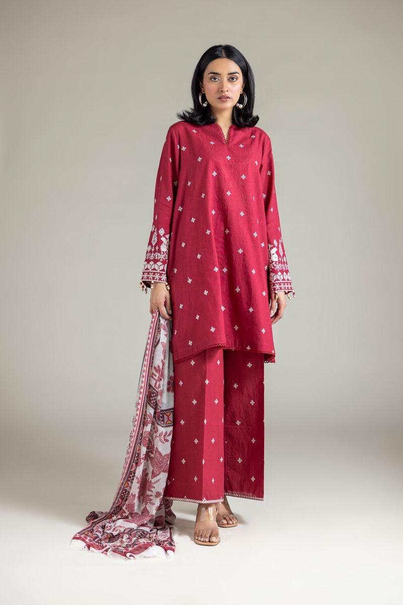 Embroidered | Cambric | Red Tailored Set | USD 70.00