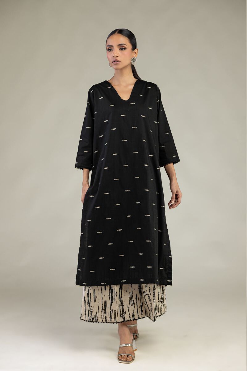 Textured Cotton | Embroidered | Black V-Neck Kurta | USD 40.00