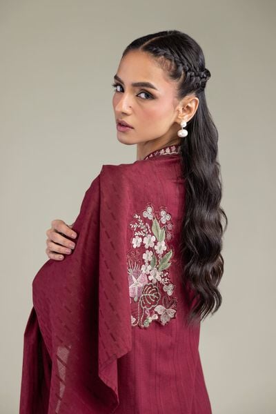 Embroidered | Textured Cotton | Floral Maroon Dupatta | USD 35.00