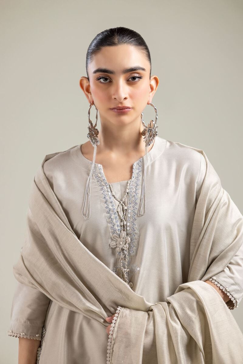 Cotton Net | Geometric Beige Dupatta | USD 40.00