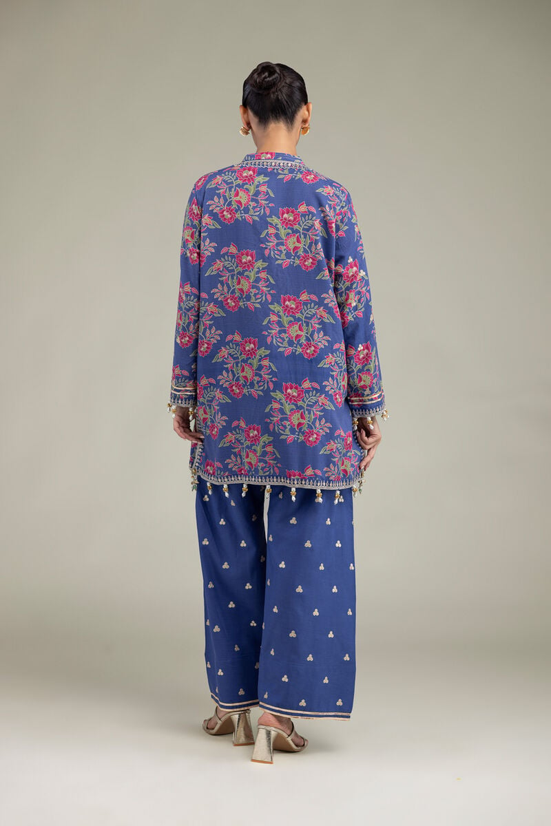 Embroidered | Raw Silk | Blue V-Neck Kurta | USD 65.00