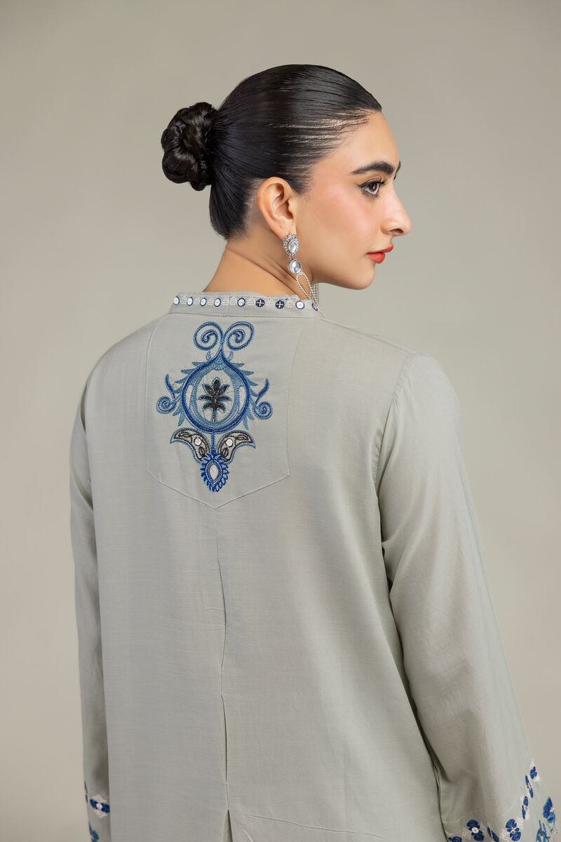 Embroidered | Raw Silk | Floral V-Neck Kurta | USD 60.00