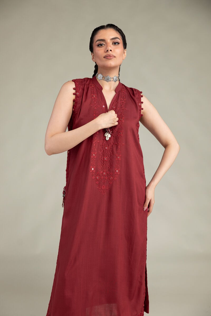 Embroidered | Raw Silk | Sleeveless Longline Kurta | USD 60.00