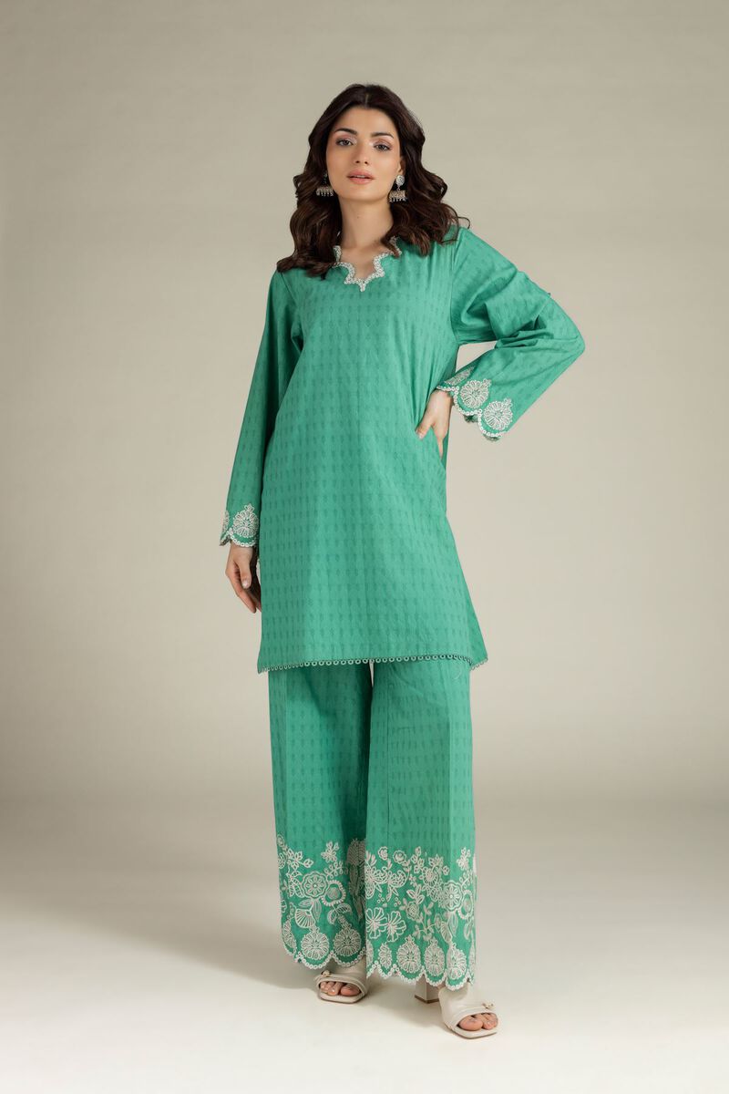 Embroidered | Cotton Dobby | Green Tailored Set | USD 65.00