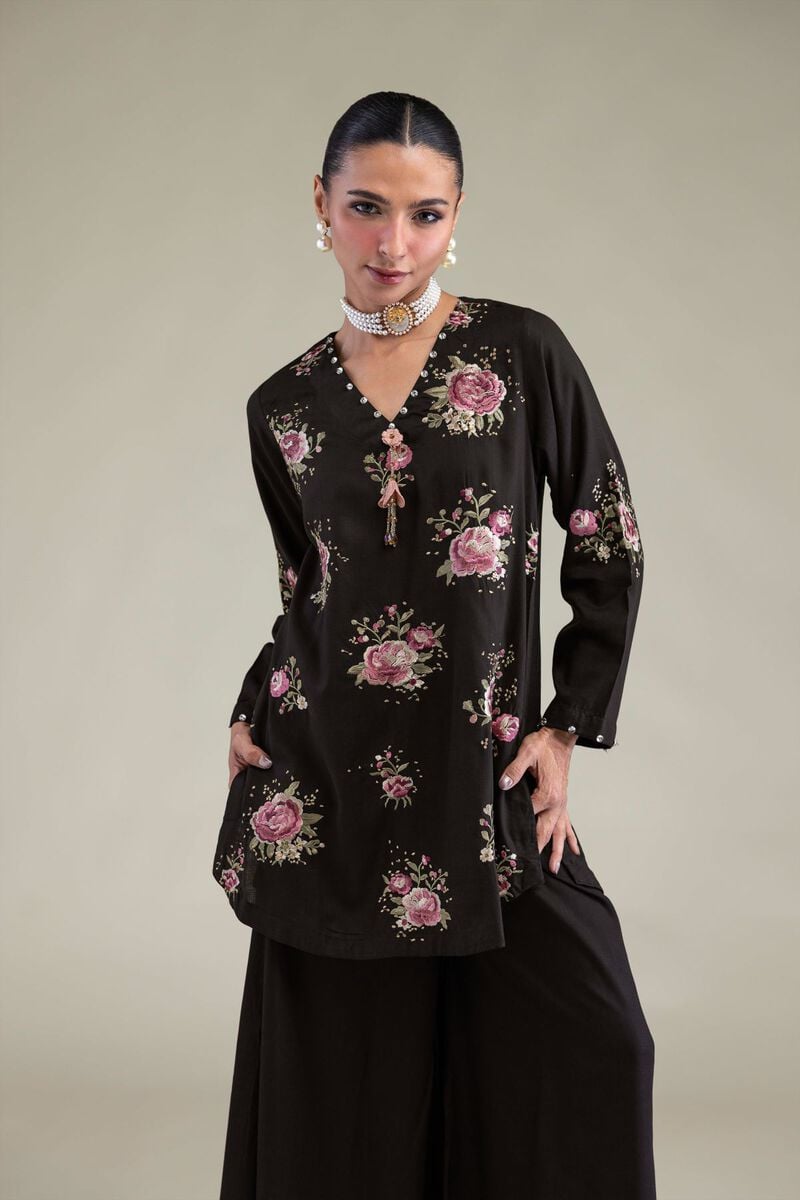 Embroidered | Raw Silk | Black Floral Kurta | USD 55.00