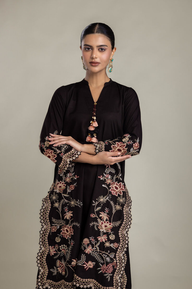 Embroidered | Raw Silk | Floral Black Kurta | USD 80.00