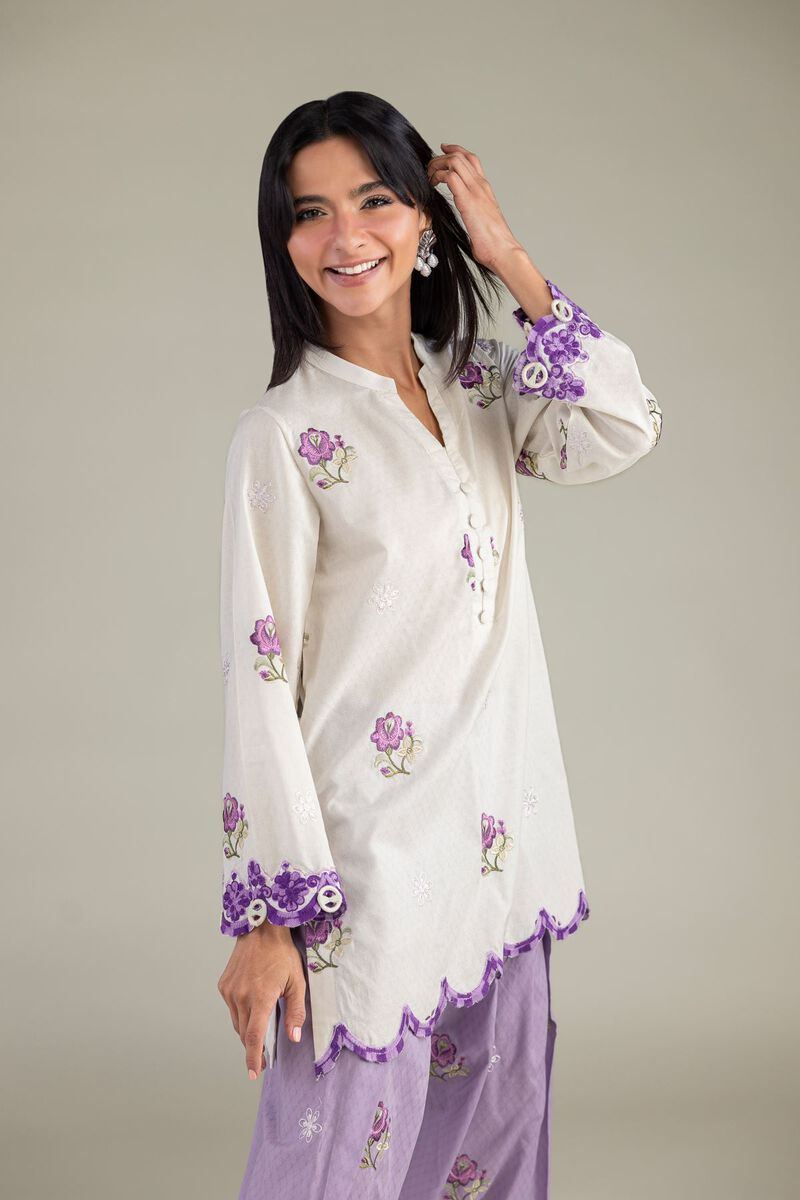Embroidered | Cotton Dobby | Floral V-Neck Kurta | USD 45.00