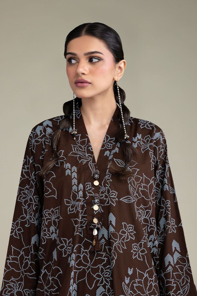 Printed | Cambric | Brown V-Neck Kurta | USD 35.00