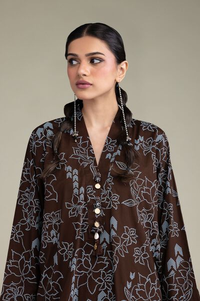 Printed | Cambric | Brown V-Neck Kurta | USD 35.00
