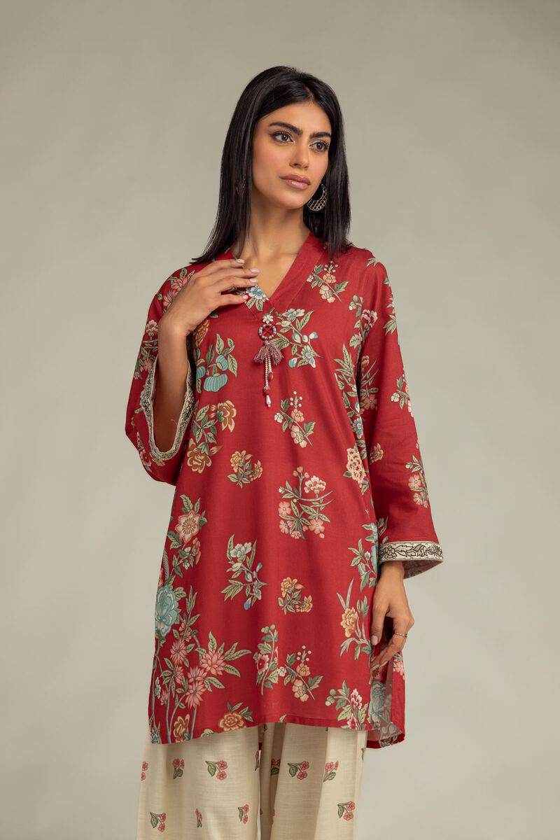 Printed | Raw Silk | Floral Red Kurta | USD 40.00