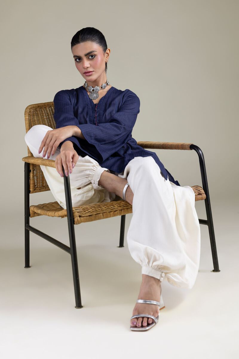 Dyed | Cotton Dobby | Navy V-Neck Kurta | USD 35.00