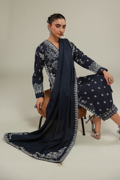 Embroidered | Raw Silk | Geometric V-Neck Kurta | USD 55.00
