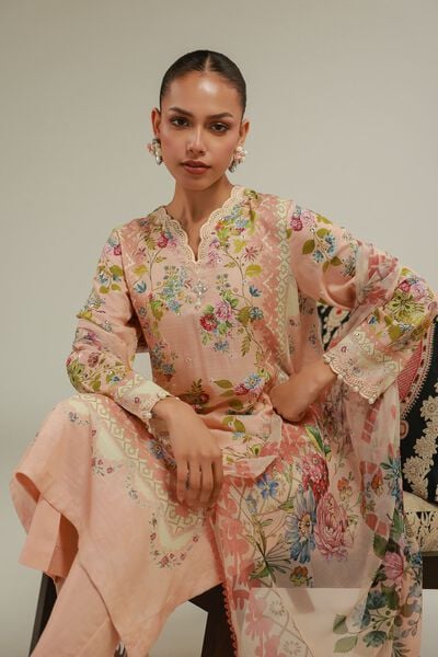 Embroidered | Raw Silk | Floral Longline Kurta | USD 45.00