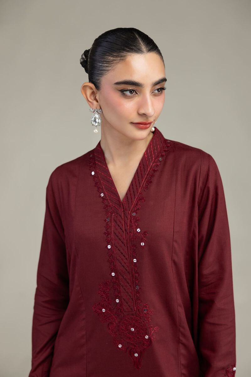 Embroidered | Raw Silk | Maroon V-Neck Kurta | USD 45.00