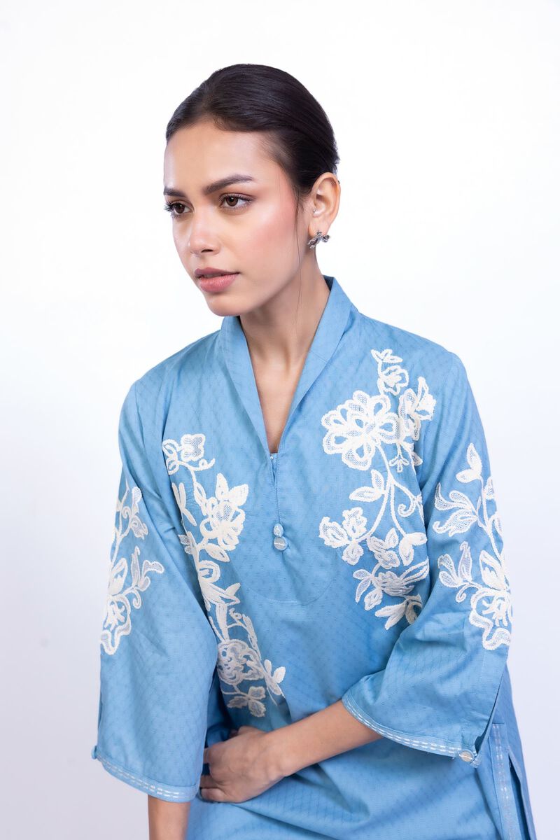 Embroidered | Cotton Dobby | Floral Blue Kurta | USD 35.00