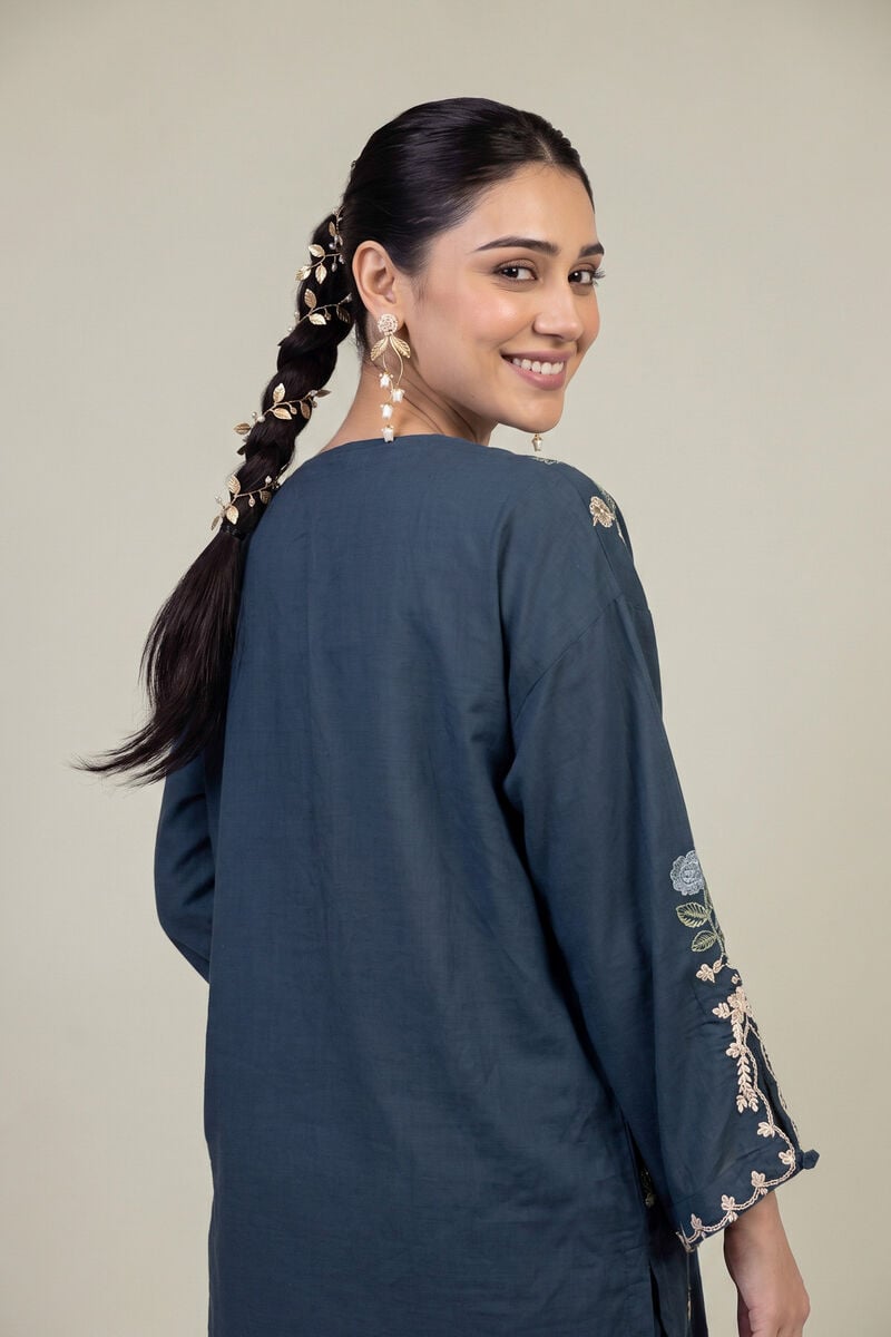 Embroidered | Raw Silk | Floral Navy Kurta | USD 45.00