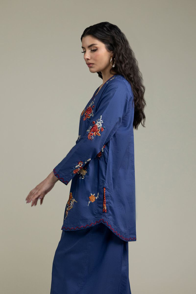 Embroidered | Cambric | Blue V-Neck Kurta | USD 40.00