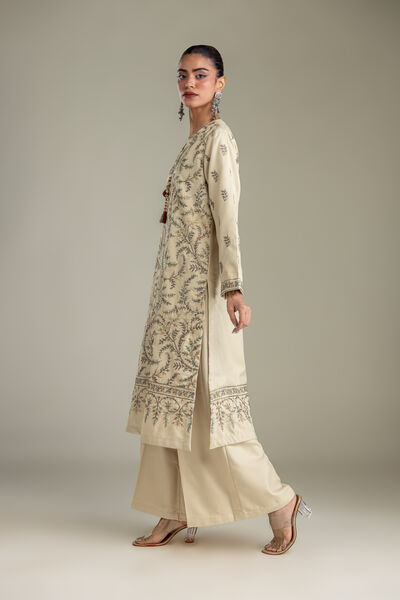 Embroidered | Heavy Blended Viscose | Solid Beige Pants | USD 35.00