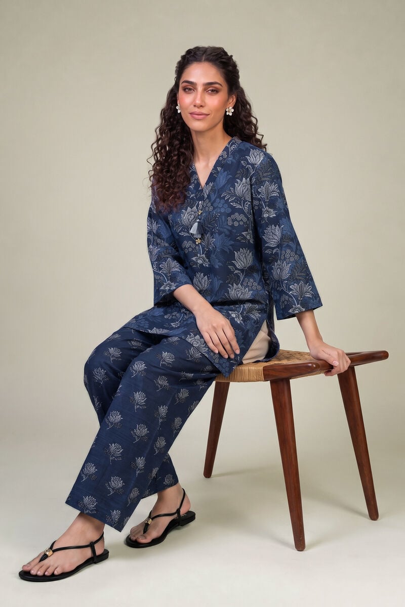Printed | Light Khaddar | Floral Navy Kurta | USD 35.00