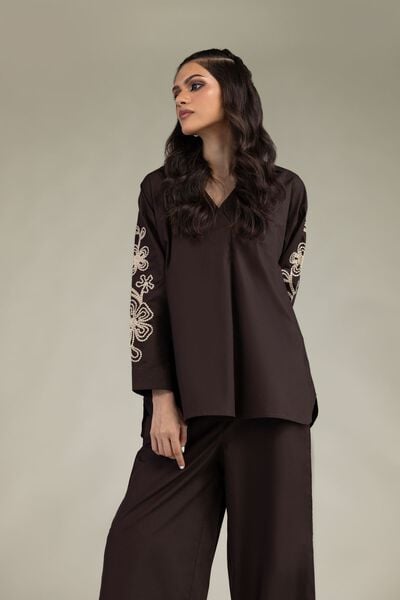 Embroidered | Poplin | Brown V-Neck Blouse | USD 35.00