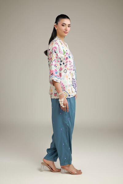 Embroidered | Viscose Crepe | Summer Teal Trousers | USD 35.00