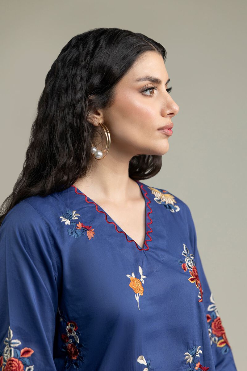 Embroidered | Cambric | Blue V-Neck Kurta | USD 40.00
