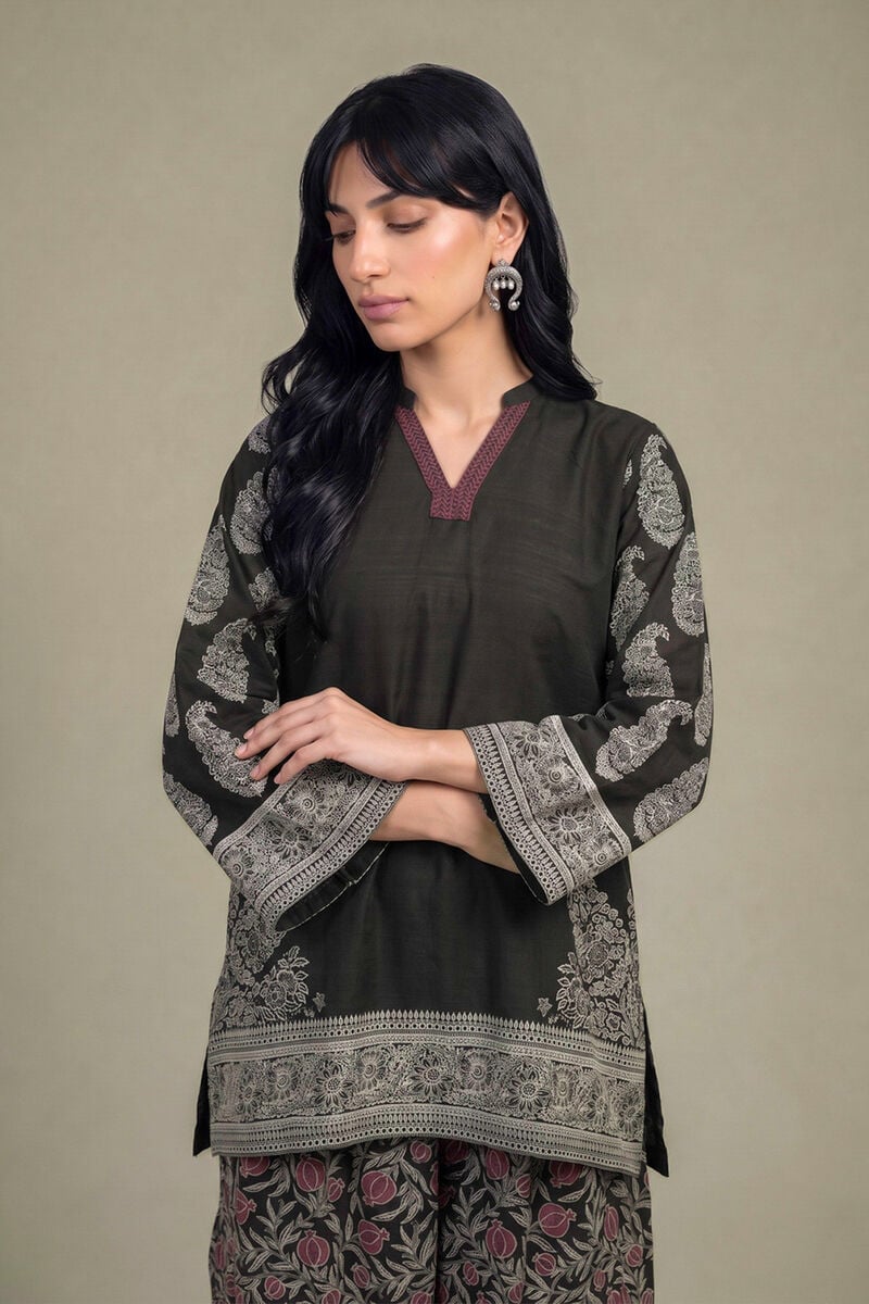 Printed | Light Khaddar | Black V-Neck Kurta | USD 45.00