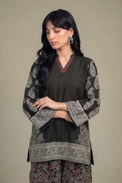 Printed | Light Khaddar | Black V-Neck Kurta | USD 45.00