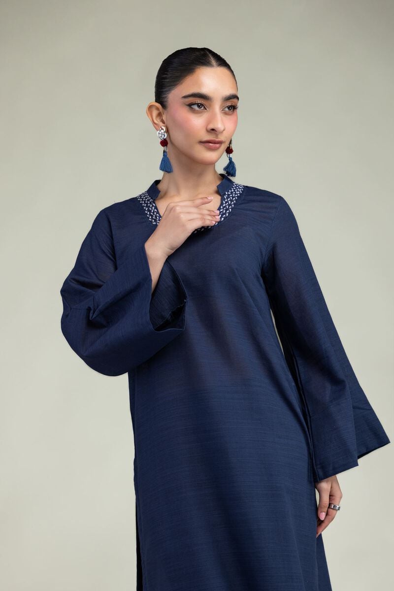 Dyed | Textured Cotton | Navy Round-Neck Kurta | USD 35.00