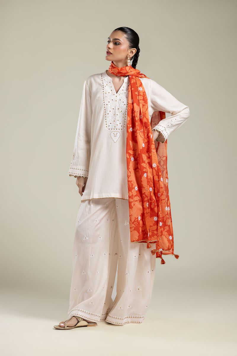 Embroidered | Textured Weave | Orange Floral Dupatta | USD 35.00