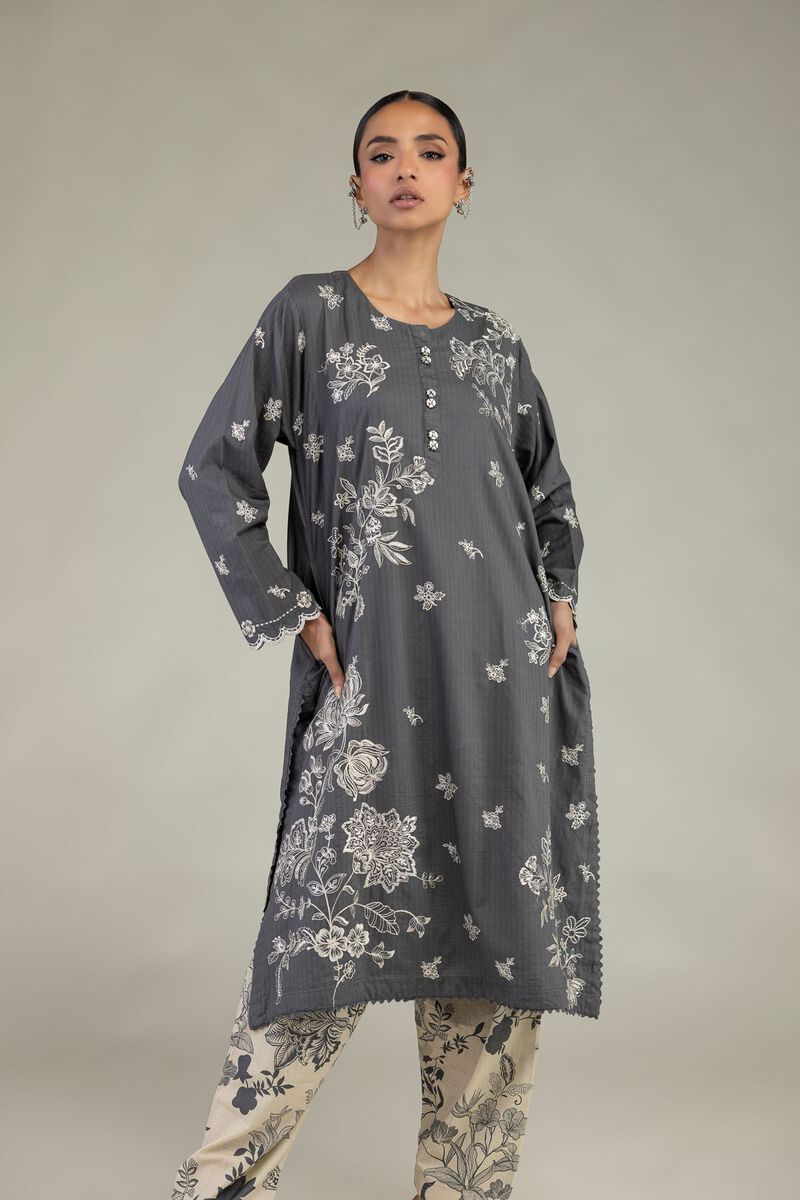 Embroidered | Cotton Dobby | Gray Longline Kurta | USD 55.00