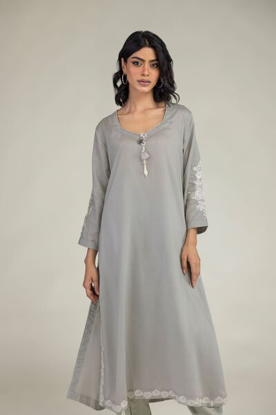 Embroidered | Lyocell | Gray Longline Kurta | USD 40.00