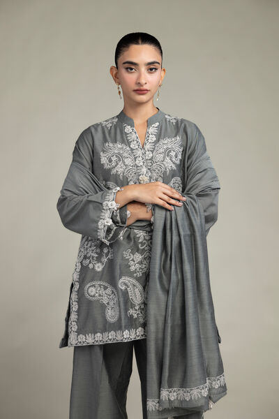 Cotton Net | Gray Floral Dupatta | USD 30.00
