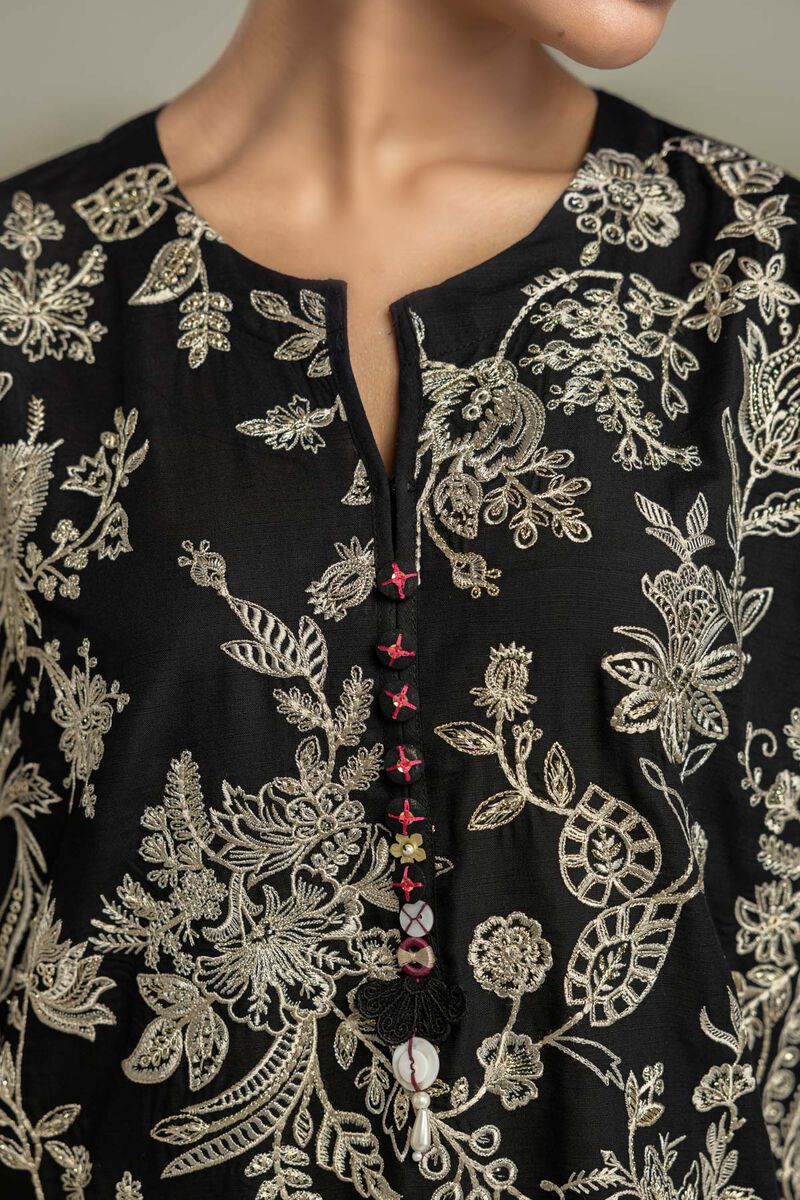 Embroidered | Raw Silk | Black Floral Kurta | USD 80.00