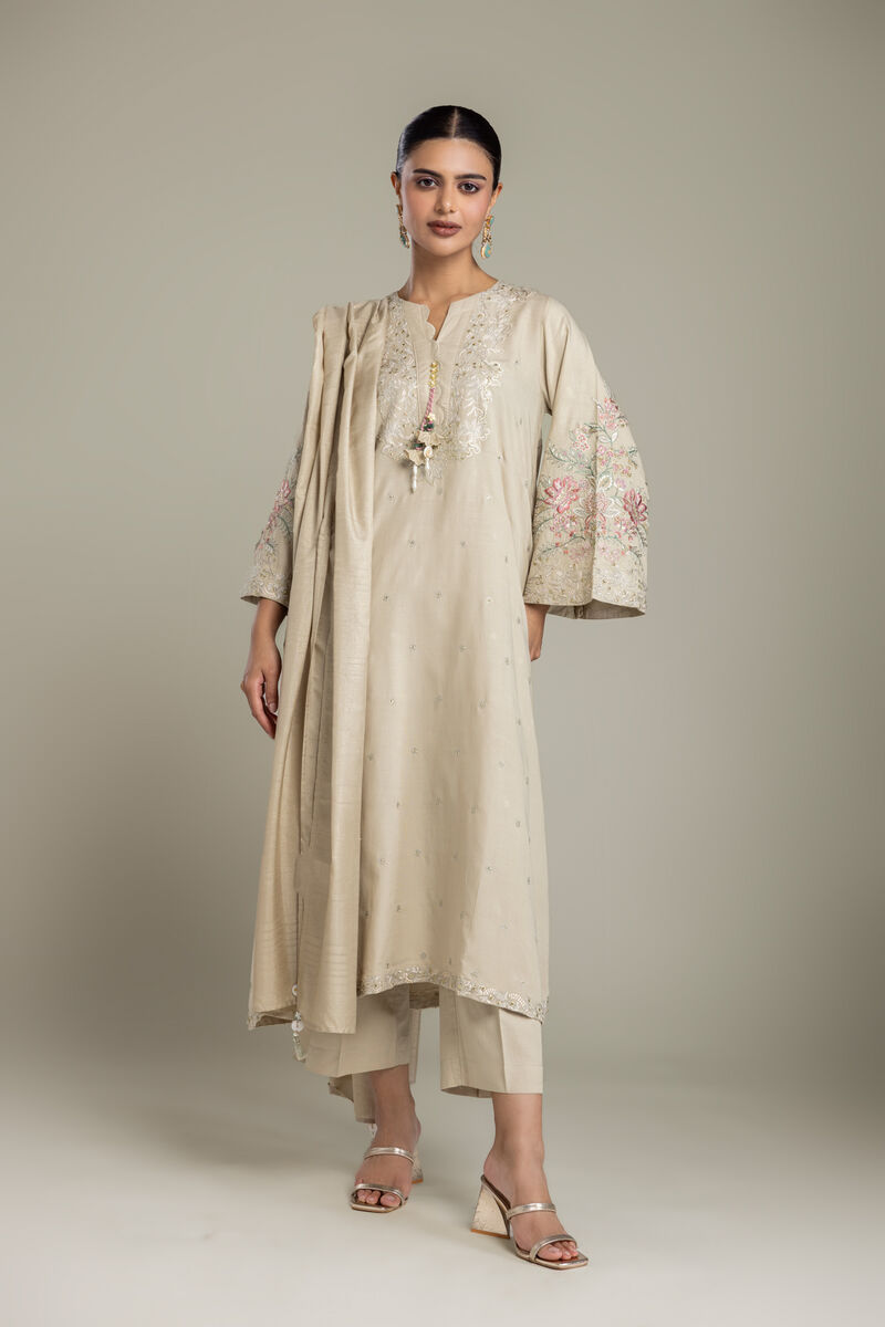 Embroidered | Raw Silk | Beige Solid Pants | USD 35.00