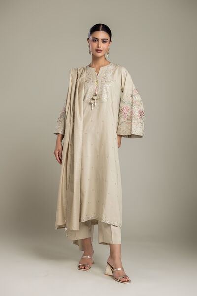Embroidered | Raw Silk | Beige Solid Pants | USD 35.00