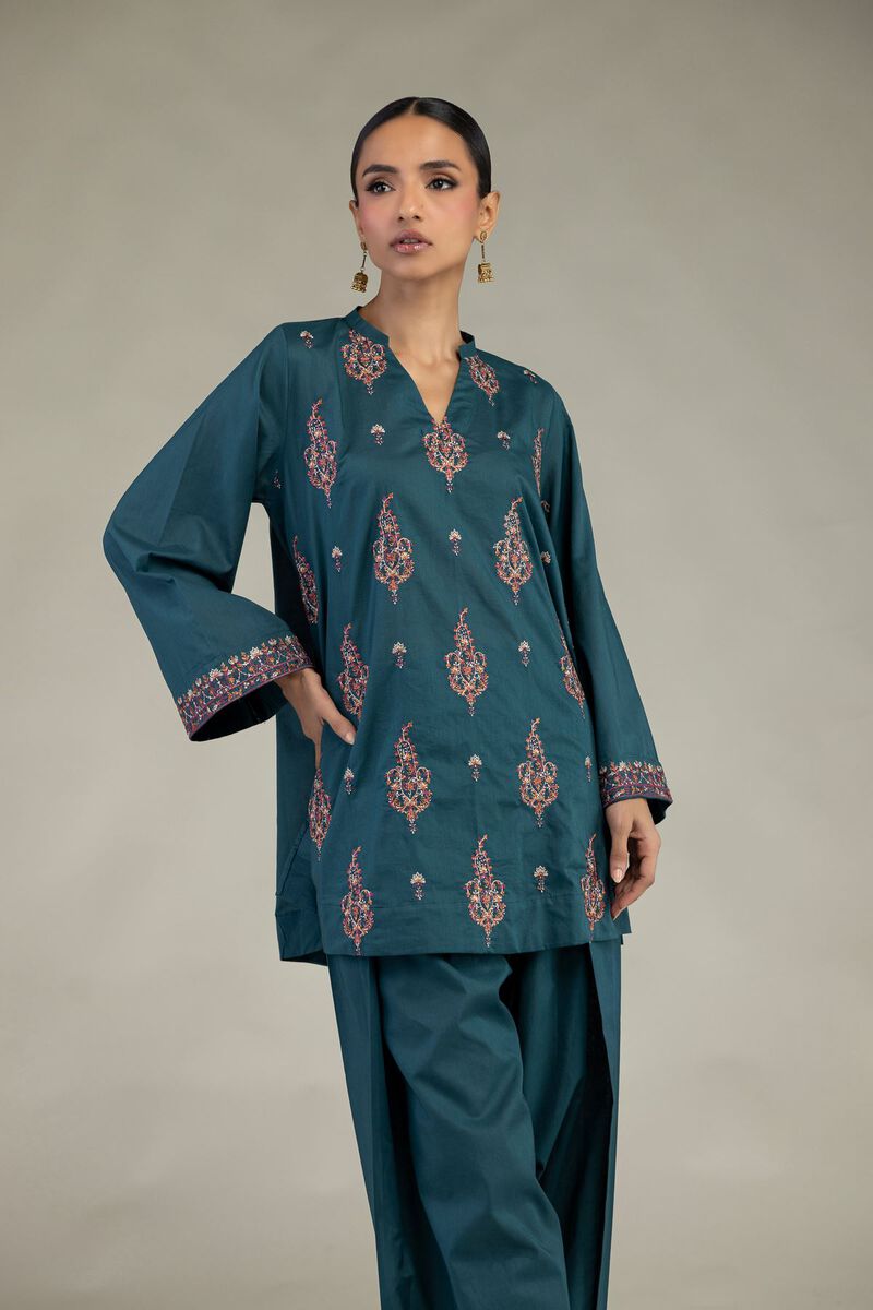 Embroidered | Cambric | Short Teal Kurta | USD 35.00