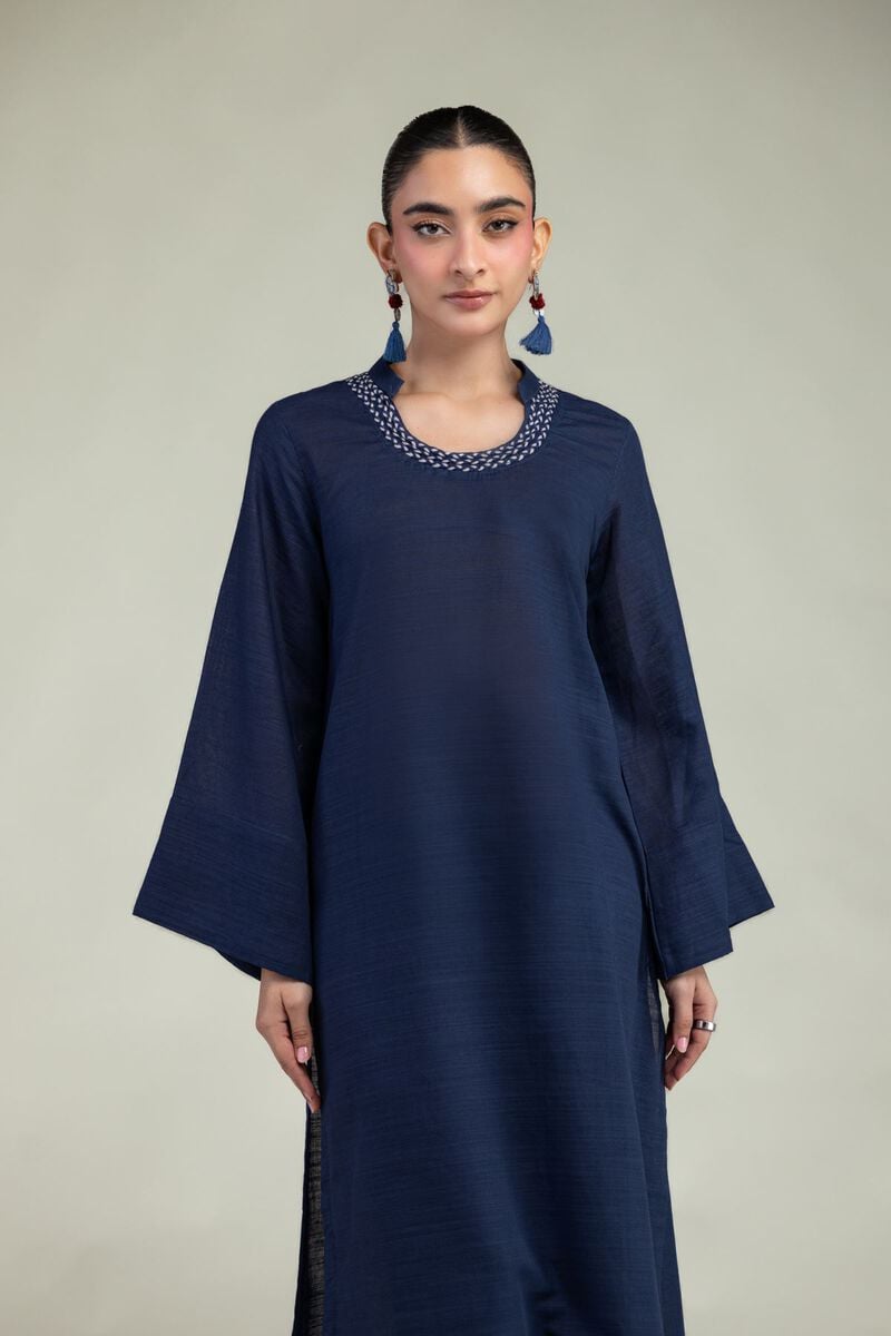 Dyed | Textured Cotton | Navy Round-Neck Kurta | USD 35.00