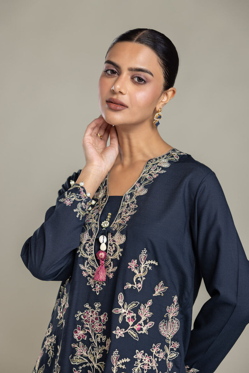 Embroidered | Raw Silk | Short Navy Kurta | USD 70.00