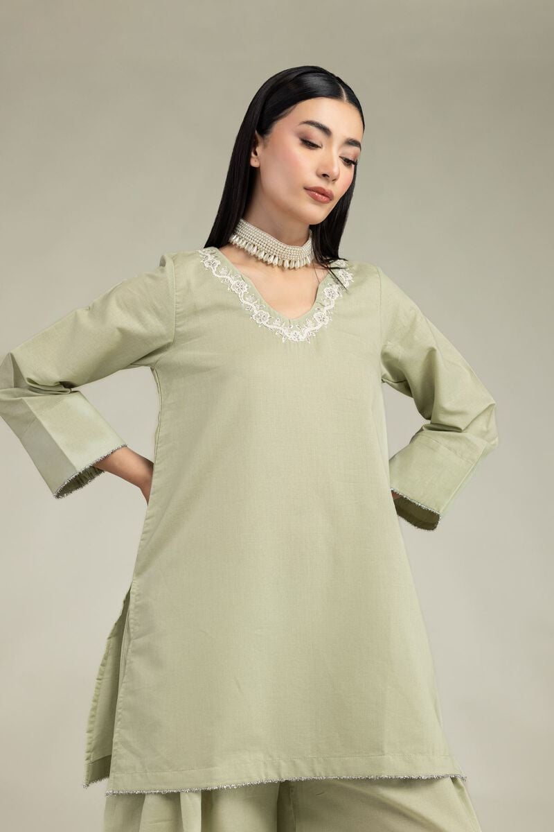 Embroidered | Mesuri | V-Neck Mint Kurta | USD 35.00