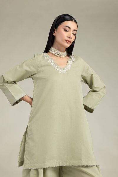 Embroidered | Mesuri | V-Neck Mint Kurta | USD 35.00