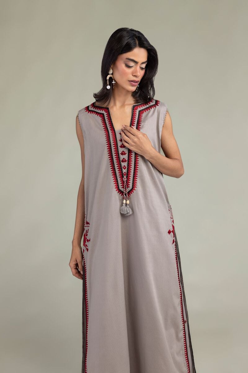 Embroidered | Cotton Dobby | Gray Sleeveless Kurta | USD 45.00