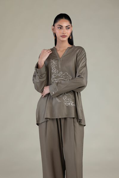 Embroidered | Viscose Crepe | Olive V-Neck Tunic | USD 35.00