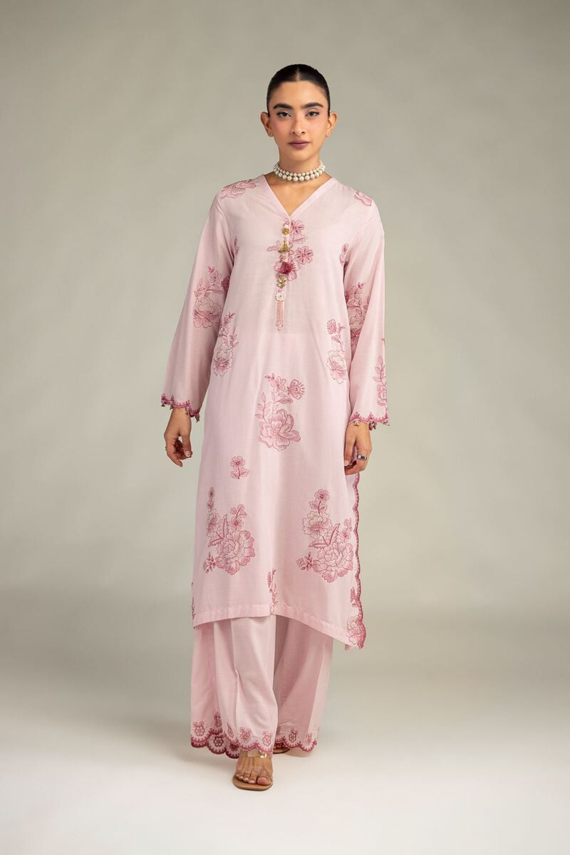 Embroidered | Raw Silk | Pink Longline Kurta | USD 65.00