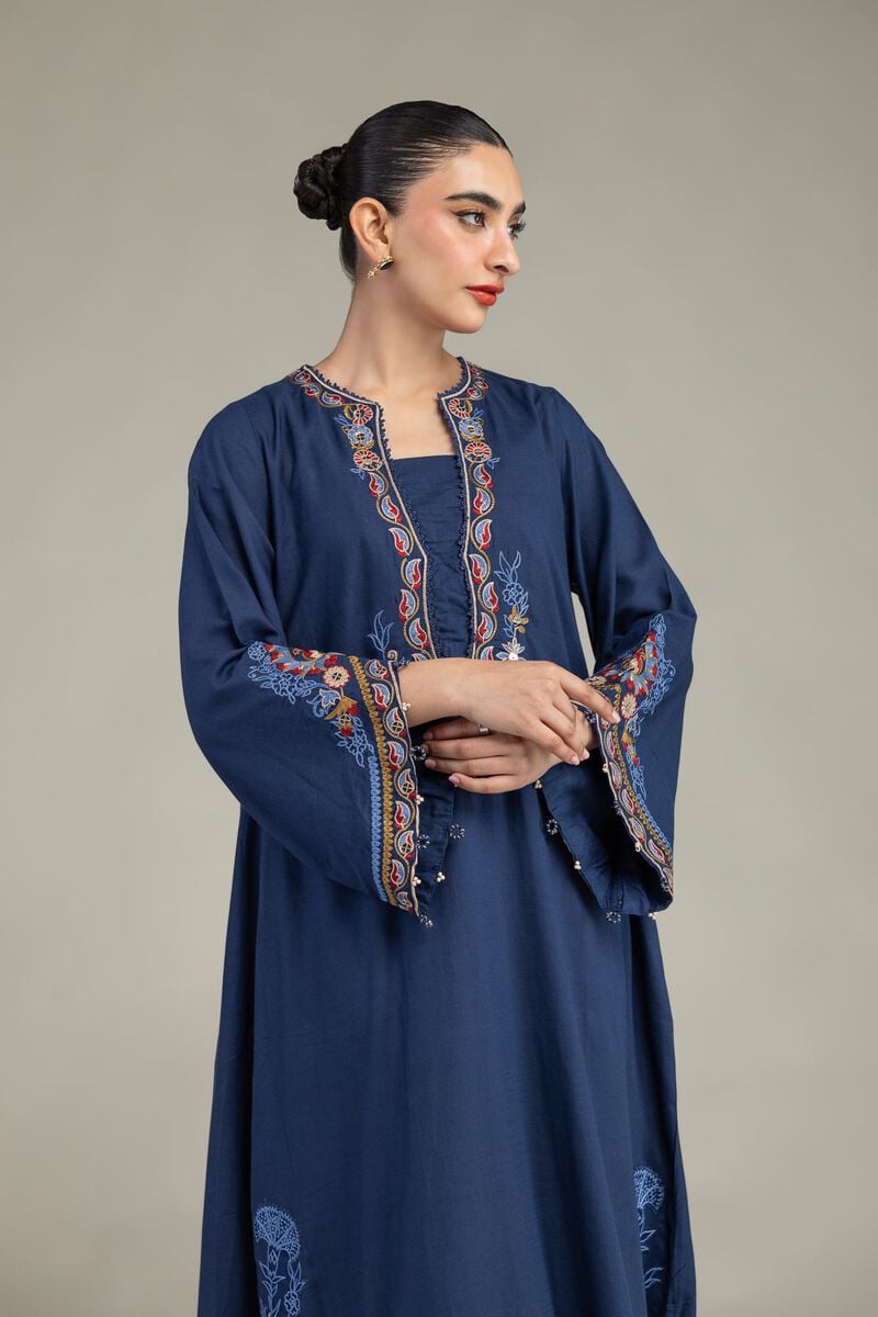 Embroidered | Raw Silk | Floral Navy Kurta | USD 65.00