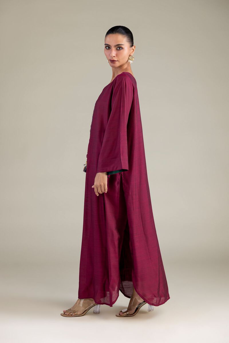 Dyed | Textured Raw Silk | Maroon Longline Kurta | USD 40.00