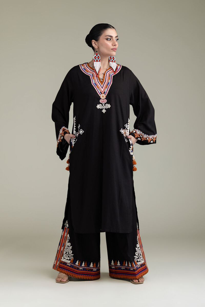 Embroidered | Raw Silk | Black Longline Kurta | USD 13.50