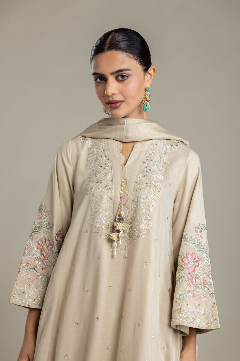 Embroidered | Polyester Silk | Beige Silk Dupatta | USD 35.00