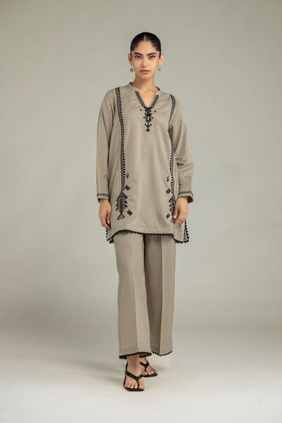 Embroidered | Cambric | Beige Solid Pants | USD 30.00