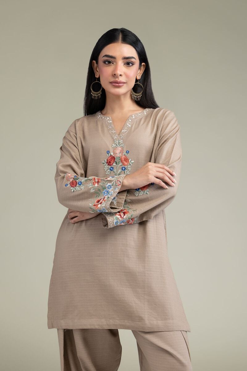 Embroidered | Cotton Dobby | Floral Beige Kurta | USD 40.00